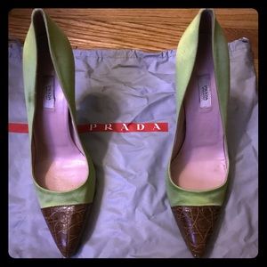 Authentic Prada Vero cuoio green satin/brown croc
